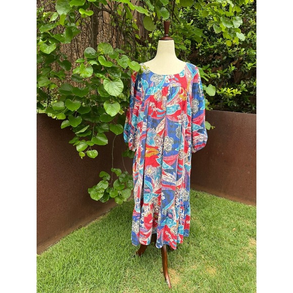 Dresses & Skirts - Vtg 80s California Dynasty Batik Floral Peasant Midi Dress Balloon Sleeve Boho
